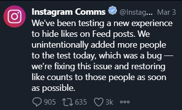 Instagram tweet about the hide likes feature