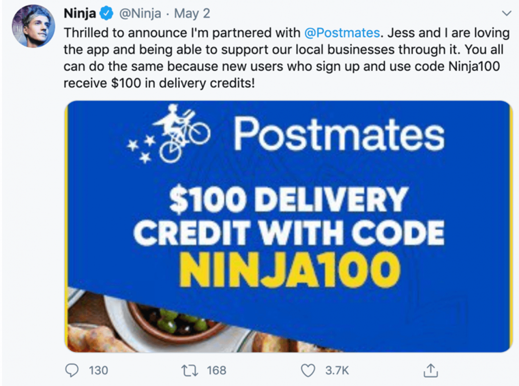 Screenshot of Postmates brand deal with Ninja - Source Twitter.com-Ninja