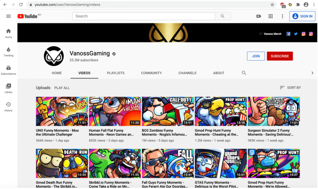 Screenshot of Vanoss YouTube Channel featuring humours and enticing thumbnails - Source YouTube.com-VanossGaming