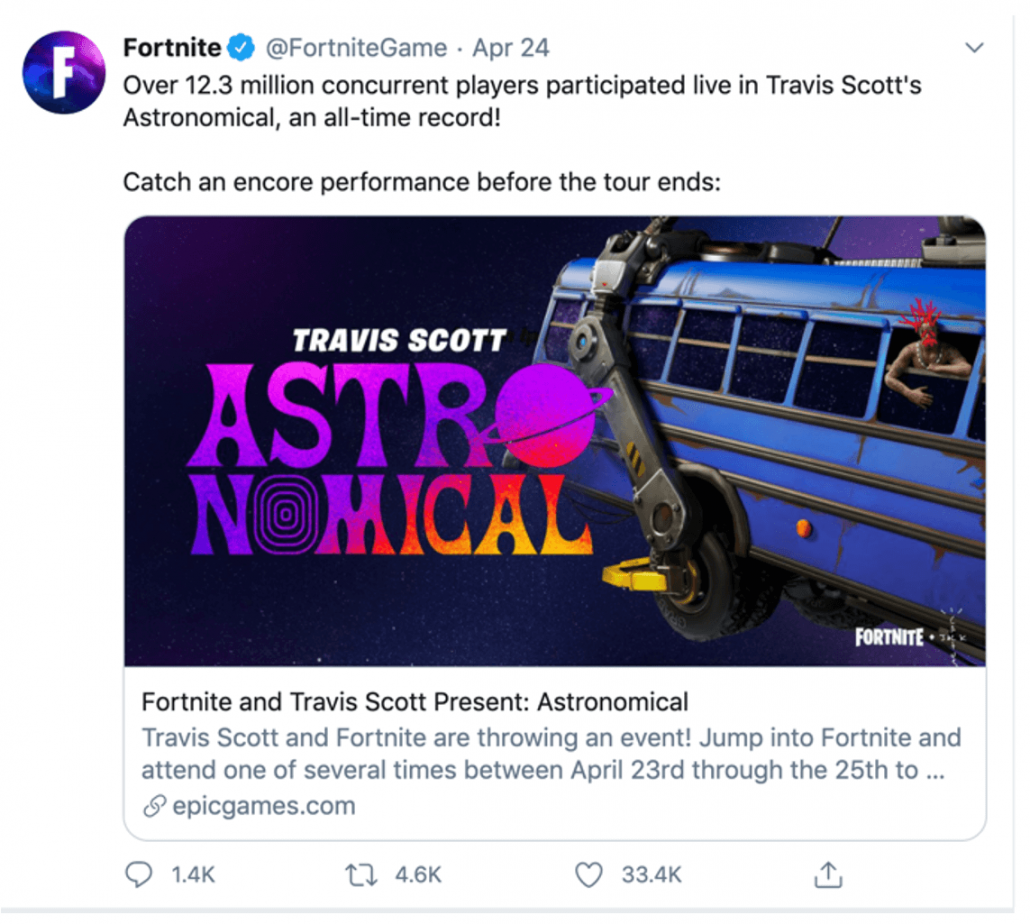 Twitter Screenshot of Fortnites Travis Scott Success - Source Twitter.com-Fortnite