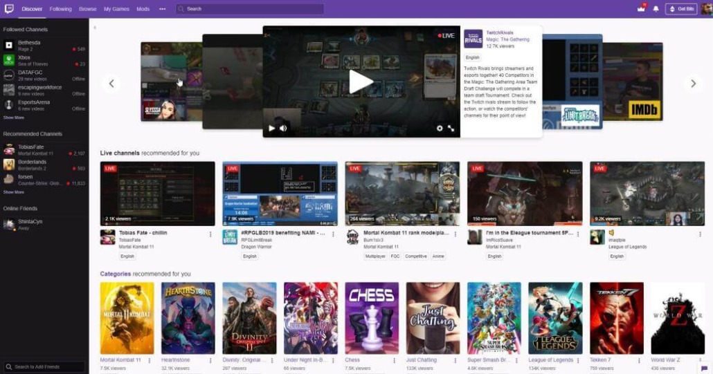 Twitch app home screen